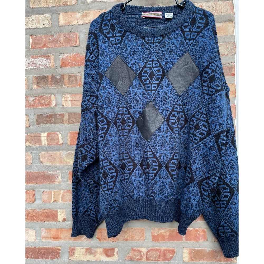 80’s Chunky Knit Geometric Blue Black Sweater 3x Sergio valente